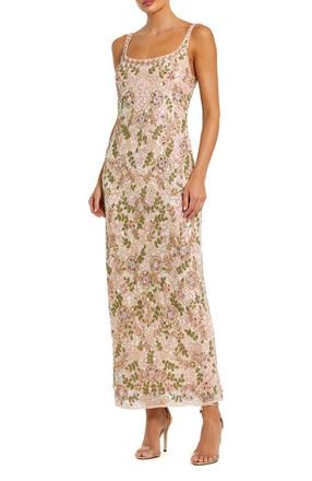 Mac Duggal Sleeveless Hand Beaded Floral Midi Dress in Beige Multi at Nordstrom, Size 10