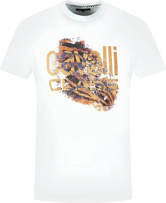 Cavalli Slashed Tiger Print Bold Logo White T-Shirt