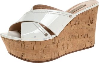 Casadei White Criss Cross Patent Leather Cork Wedge Sandals