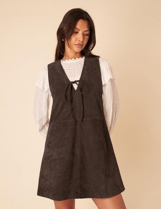 Nobody's Child Dark Brown Suede Mini Pinafore Dress