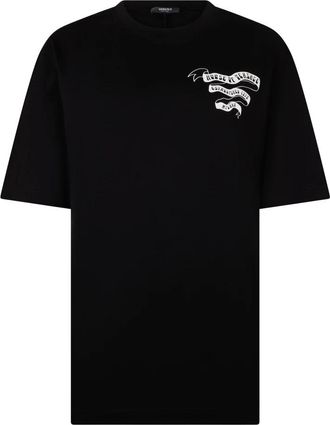 Versace Geborduurde katoenen jersey T-shirt - Heren - T-shirts - Zwart - S - Katoen - Tops