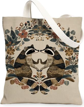 Generic Floral Raccoon Canvas Tote Bag, Vintage Animal Plant Pattern Reusable Grocery Bags, Lightweight Washable Shoulder Strap Can, Beige, 13x15 Inch