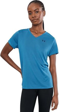 Under Armour Tech Short Sleeve V-Neck Solid Womens Clothing Aegean Blue/Blackout Navy : LG (US 12-14), Polyester