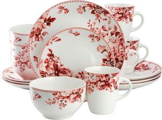 Elama Traditional Rose 16 Piece Stoneware Dinnerware Set in Red at Nordstrom
