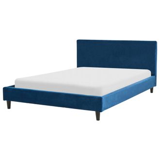 Beliani Cama Tapizada En Terciopelo Azul Marino 140 X 200 Cm Marco De Listones Cabecero Estilo Moderno Fitou