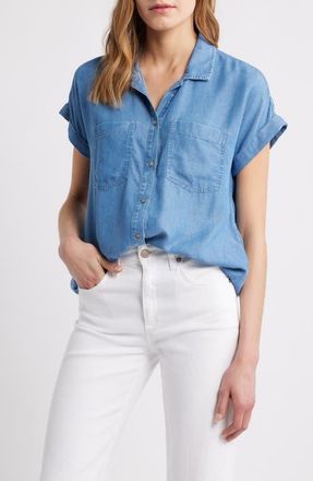 Beach Lunch Lounge Issey Short Sleeve Chambray Shirt in Medium Wash at Nordstrom, Size X-Small