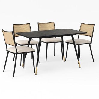 Urban Meuble Conjunto de mesa extensible de madera negra con 4 sillas de rat&aacute;n