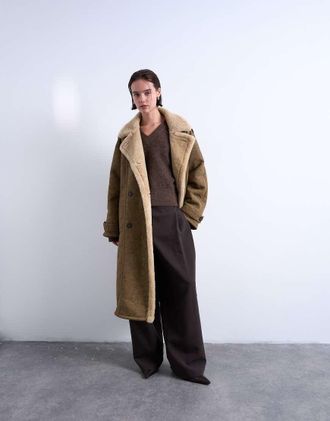 Topshop Cappotto elegante taglio lungo effetto montone kaki-Multicolore