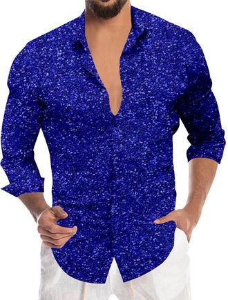 Generic Mens Sequin Shirt Long Sleeve Glitter SparkIe Shirt for Carnival Festival Party Nightclub Fancy Dress Shiny Disco Costume Tops Button Down for Men Sta