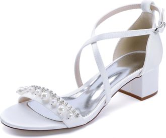 Generic Women Low Heel Bridal Shoes Open Toe Pearl Block Heels Wedding Shoes Crisscross Ankle Strap Satin High Sandals 4.5Cm,White,10 UK