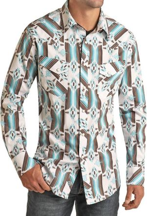 Panhandle Rock & Roll Denim Aztec Print Long Sleeve Snap Shirt In Turquoise