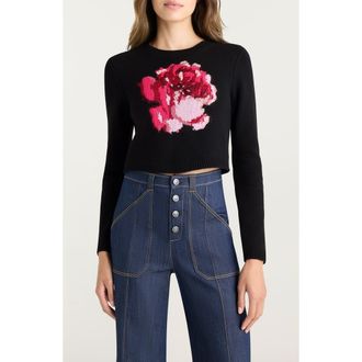 Cinq à Sept Heritage Rose Issa Wool Blend Crop Sweater in Black/Sheer Pink at Nordstrom, Size Xx-Small