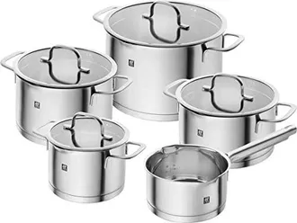 Zwilling Zwilling - Trueflow - Bater&iacute;a De Cocina (5 Piezas, Con Colador Integrado En La Tapa De Cristal, Apta Para Inducci&oacute;n, Sin Revestimiento, Acero Inoxidab