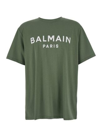 Balmain Green Crewneck T-Shirt With Logo Lettering On The Front In Cotton Man