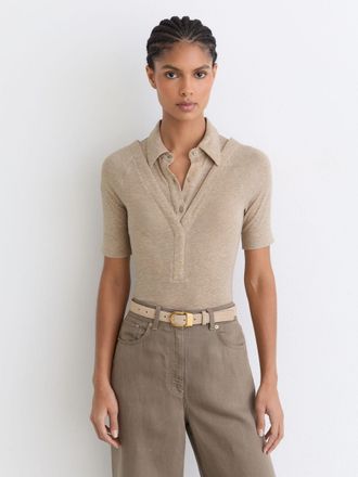 Reiss Oatmeal Neutral Collar-insert Jersey-knit Top With Wool, XS