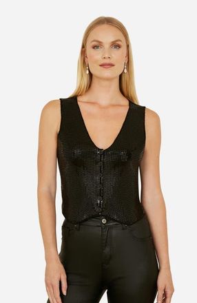 Yumi Sleeveless V-Neck Sequin Waistcoat Top in Black at Nordstrom, Size 10