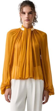 Elisabetta Franchi Geplooide transparante blouse met metalen kraag - Dames - Blouses & Shirts - Oranje - Maat: XS Zijde