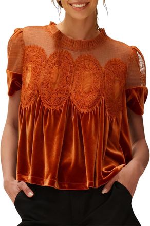 Generic Ladies Tops Velvet T Shirts for Women UK Round Neck Lace Velvet Splice Short Sleeve Shirts Casual Crochet Chiffon Blouses Flowy Lace Hem Boho Clothing