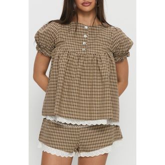 Princess Polly Chandelier Check Babydoll Top in Brown Check at Nordstrom, Size 12