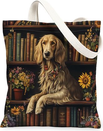 Generic Spring Afghan Hound Dog Canvas Tote Bag for Shopping 13x15, Flower Bookshelf Puppy Reusable Grocery Print Bag for Women, Fun Pet Beach Aesthetic Paint
