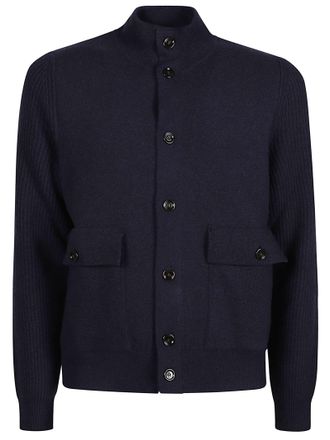 Lardini Structured Blue Wool Jacket with High Collar and Flap Pockets