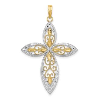 Diamond2Deal 14k Yellow Gold with Rhodium Beaded Filigree Cross Charm Pendant