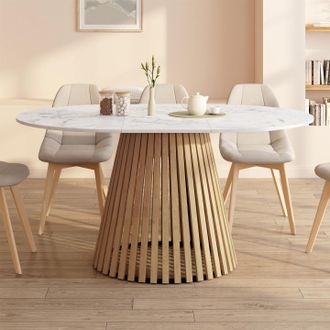 IDMarket Carmen Mesa De Comedor Redonda Extensible Para 4-8 Personas Con Patas De Listones De Madera Y Tapa De M&aacute;rmol Blanco Alaska 110
