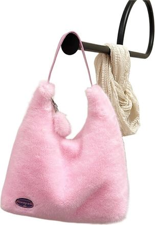 Generic Womens Plush Bags Simple Womens Shoulder Bag Winter Travel Tote Female Soft Fluffy Plush Handbag Large Capacity Shopping(Pink)