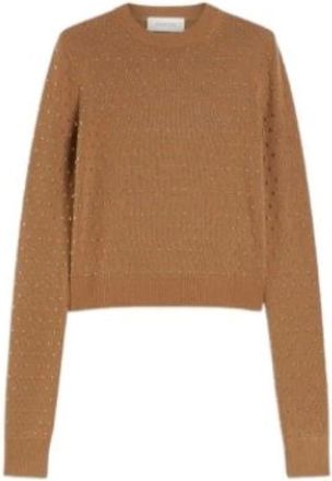 Sportmax Sportmax, Round-neck Knitwear, female, Brown, Size: XS Studded Wool-Cashmere Sweater