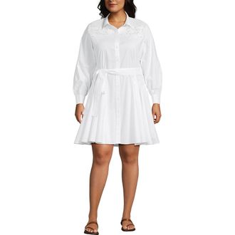 Lands End Poplin Button Front Dress with Godets in White/coral Red Painted Posies at Nordstrom, Size 3X