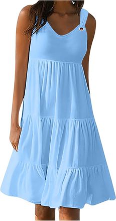 Generic Sleeveless Dresses Sexy Club Cocktail Dresses Women Summer Sleeveless Vest Dress Suspender Beach Dress Solid Color Round Neck Mid Length Skirt Loose S