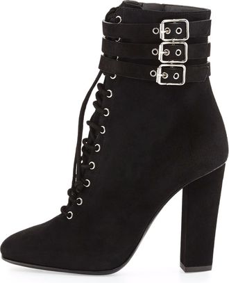 Generic Women Square Toe Chunky High Heel Lace Up Ankle Boots Fashion Elegant Belt Buckles High Heel Short Booties Classic Comfort Suede Formal Evening Soiree