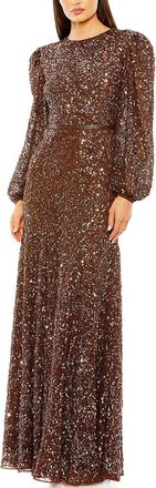 Mac Duggal High Neck Bishop Sleeve Beaded A Line Gown