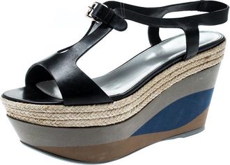 Sergio Rossi Black Leather Ankle Strap Wedge Sandals