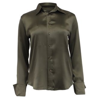 Ralph Lauren Long Sleeve Button Up Blouse in Olive Green Silk