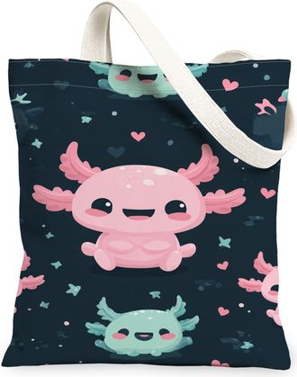 Generic Cute Axolotl Canvas Tote Bags, Adorable Reusable Grocery Bags, Fun Lightweight Washable Shoulder Strap Canvas for Shopping, Peach, 13x15 Inch