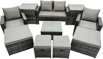 Fimous Pe Rattan Garden Furniture Set Lounge Sofa Coffee Table Set with 2 Side Tables 4 Footstools Dark Grey Mixed - Fimous