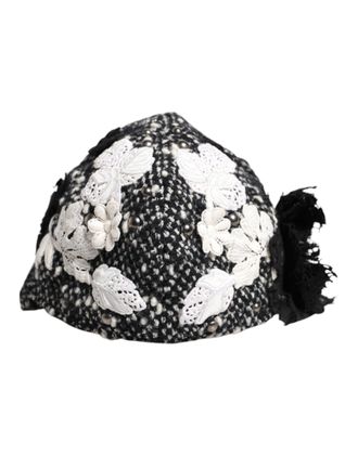Dolce & Gabbana Womens Black Wool White Floral Embellished Cloche Hat Cotton - One Size