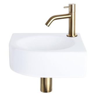 Differnz Cleo fonteinset - 30x30x10cm - Kwartrond - 1 kraangat - Gebogen matte goude kraan - Keramiek Wit