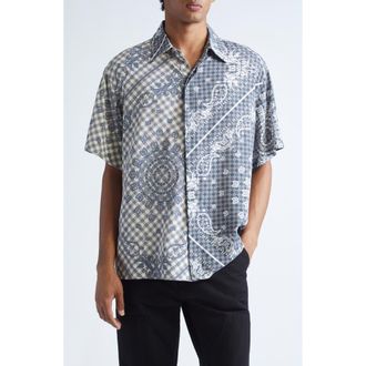 Rhude Split Gingham & Bandana Print Short Sleeve Button-Up Shirt in Black /White 3028 at Nordstrom, Size Xx-Large