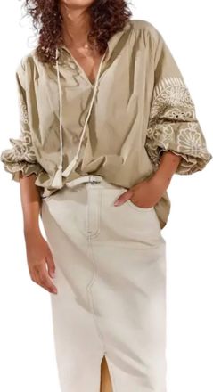 Summum Embroidered Sleeve Top In Green Lentil