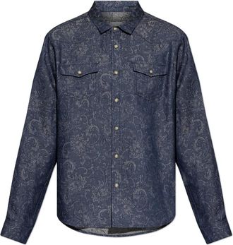 Etro Jacquard denim overhemd van katoen en linnen met bladerrijk paisley motief - Heren - Spijkeroverhemden - Blauw - L - Katoen - Overhemden