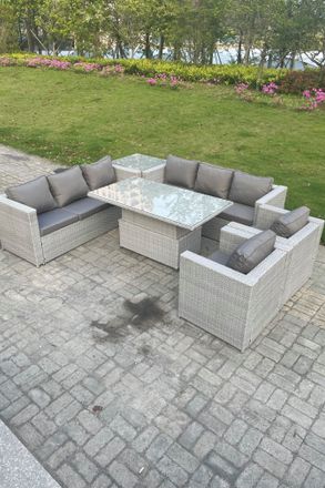 Fimous Rattan Garden Funiture Set Height Adjustable Rising Lifting Table Sofa Dining Set Lounge Sofa in Light Grey