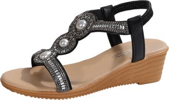 Generic Ladies Summer Bohemian Glamour Rhinestone Beach Heel Sandals for Women with Wide Width Comfortable Footbeds (Black, 6.5)