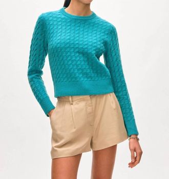 White + Warren Cashmere Cable Shrunken Crewneck Sweater In Turquoise Sea