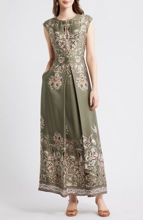 Vince Camuto Placed Print Satin Gown in Light Sage at Nordstrom, Size 10