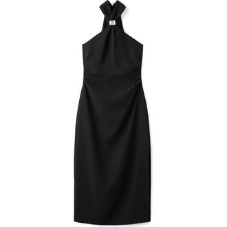 Mango Pleated Mock Neck Midi Dress in Black at Nordstrom, Size 10