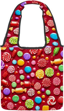 Generic Red Candy Pattern Reversible Canvas Shoulder Tote - Double-Sided Print, 12oz Cotton, 27cm Drop, Fold-Flat Bag for Travel, Shopping, Street Outings