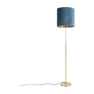 QAZQA Floor Lamp Gold/Brass with Blue Velvet Lampshade 40/40 cm - Parte