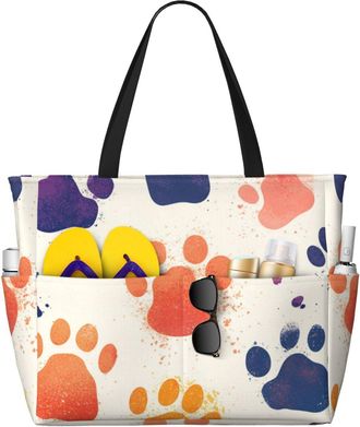 Generic Paw Print Print Large Beach Bag Foldable Travel Shoulder Tote Bag With Pocket For Weekender Pool Vacation